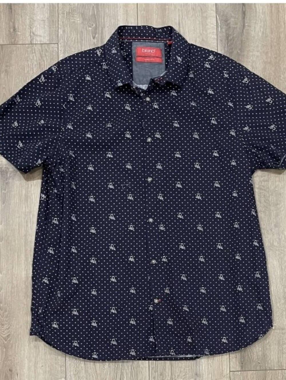 Bruno Navy Short-Sleeve Button-Down Shirt with Micro Print